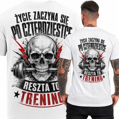 Koszulka męska na 40 urodziny z czaszką i ciężarami - „Życie zaczyna się po czterdziestce”