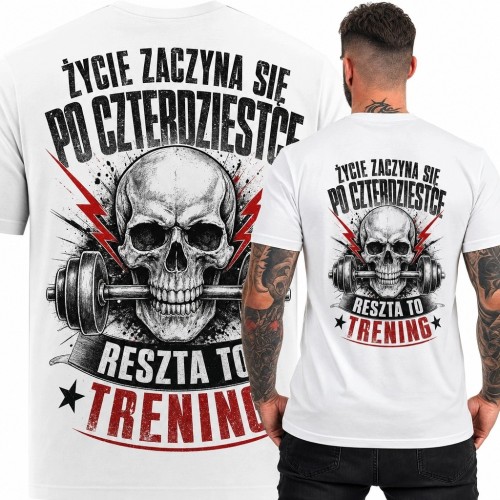 Koszulka męska na 40 urodziny z czaszką i ciężarami - „Życie zaczyna się po czterdziestce”