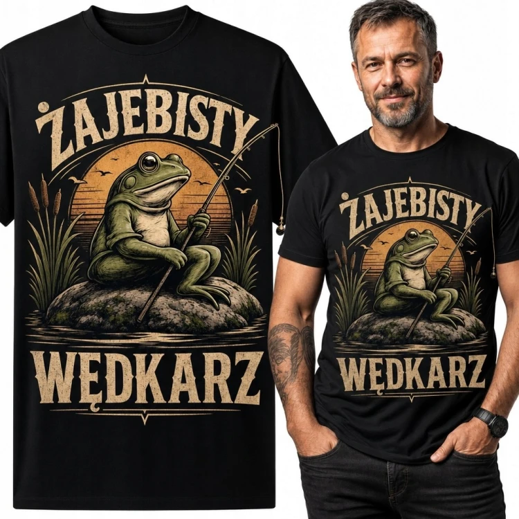 Koszulka męska dla wędkarza „Żajebisty wędkarz” - żaba na skale wśród trzcin