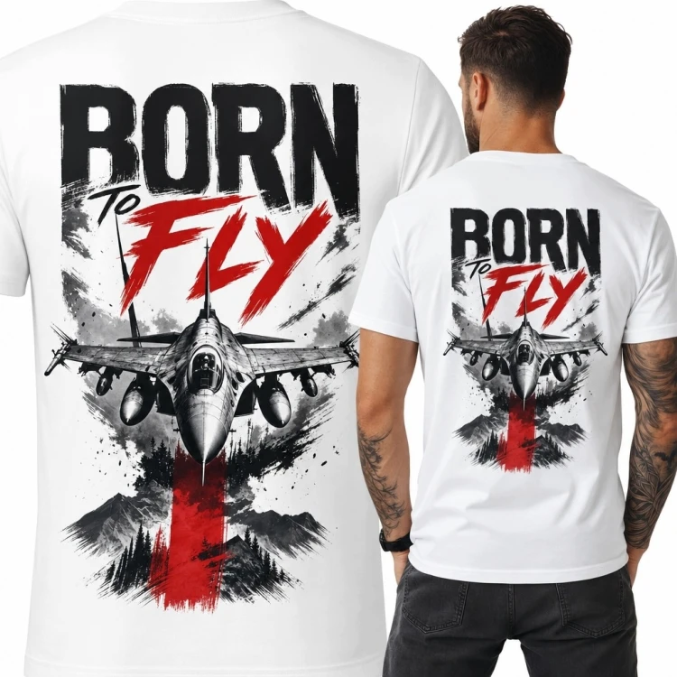 Koszulka męska z wojskowym myśliwcem „Born to Fly” - nadruk na plecach