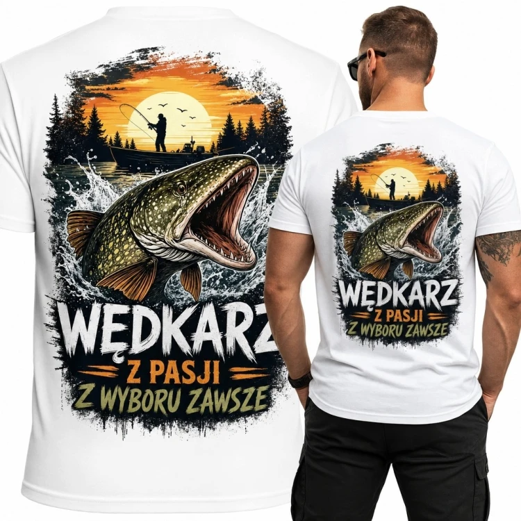 Koszulka męska dla wędkarza ze szczupakiem „Wędkarz - z pasji, z wyboru zawsze”