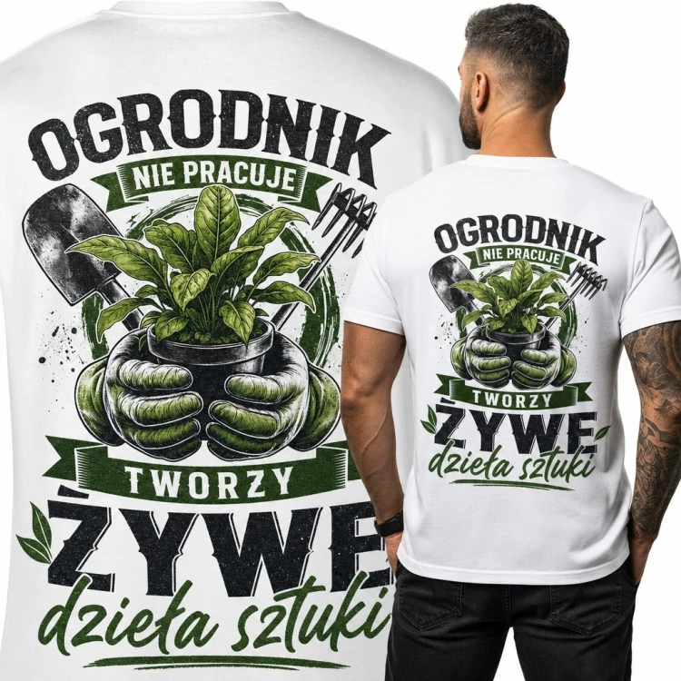 Koszulka męska dla ogrodnika „Ogrodnik nie pracuje, tworzy żywe dzieła sztuki” - nadruk na plecach
