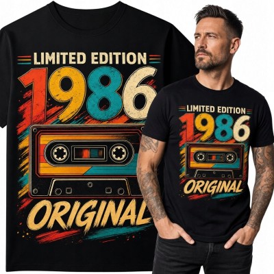 Koszulka męska „1986” z kasetą retro na 40 urodziny - „Limited Edition / Original”