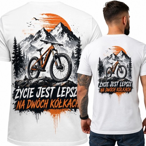 Koszulka męska z rowerem MTB „Życie jest lepsze na dwóch kółkach” - duży nadruk na plecach