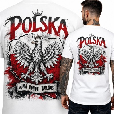 Koszulka męska z koronowanym orłem i konturem Polski „Polska” - duży nadruk na plecach
