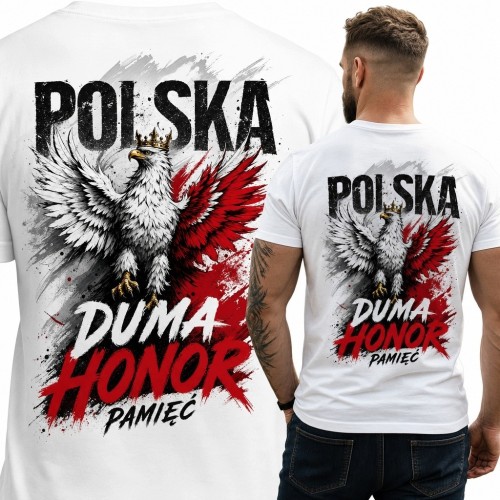 Koszulka męska patriotyczna z orłem i napisem „Polska” - biało-czerwone skrzydła i hasło „Duma Honor Pamięć”
