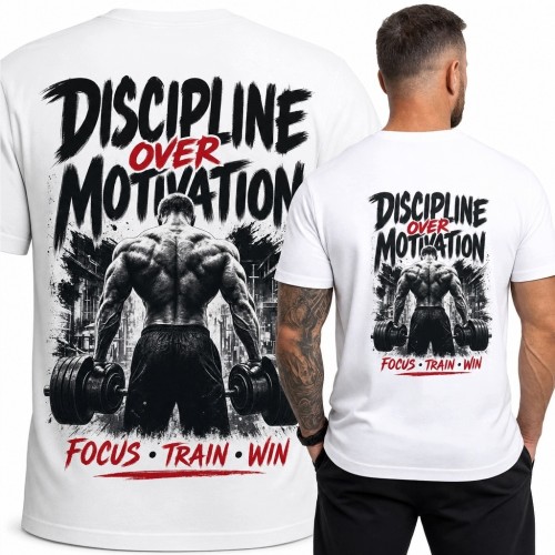 Koszulka męska na siłownię „Discipline Over Motivation” - kulturysta z hantlami