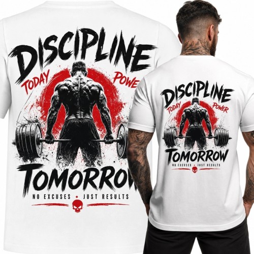 Koszulka męska na siłownię „Discipline Today / Power Tomorrow” - sztangista z martwym ciągiem