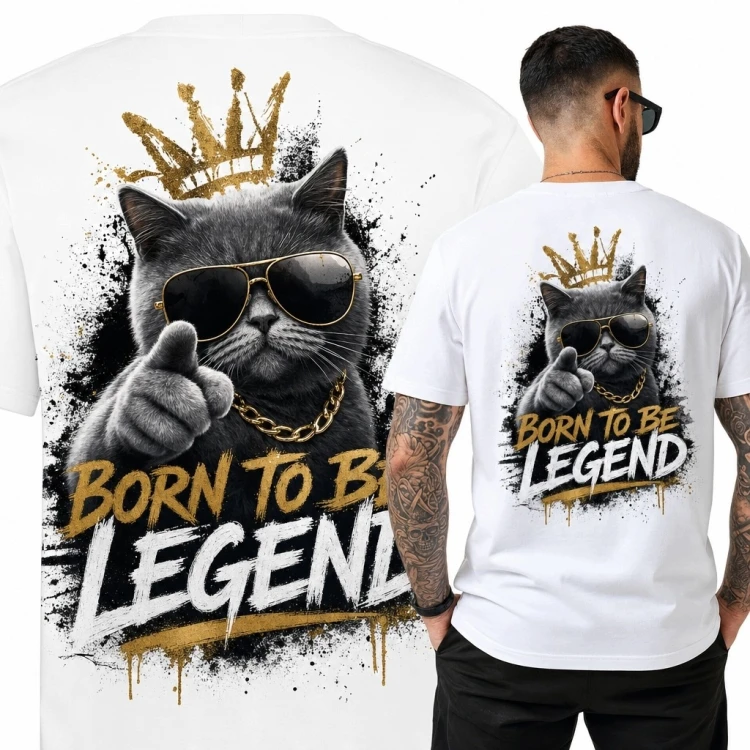 Koszulka męska z kotem „Born to be legend” - buntowniczy nadruk na plecach