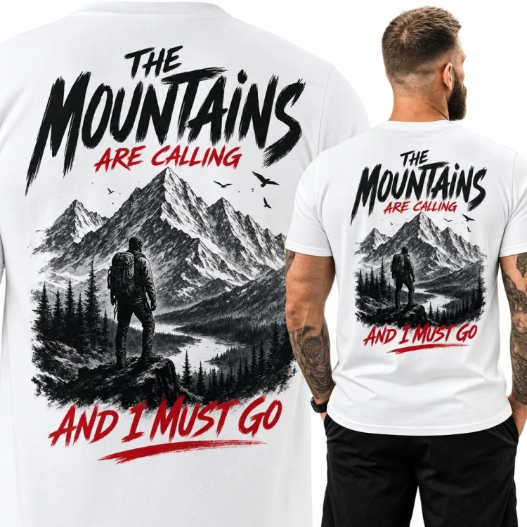 Koszulka męska w góry z wędrowcem „The mountains are calling and I must go” - duży nadruk na plecach