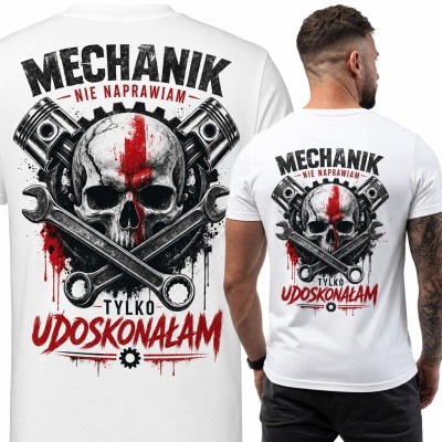 Koszulka męska dla mechanika „Mechanik - nie naprawiam - tylko udoskonalam” - czaszka i narzędzia