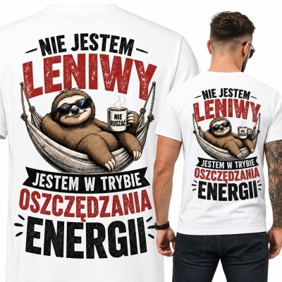 Koszulka męska z leniwcem - „Nie jestem leniwy, jestem w trybie oszczędzania energii”