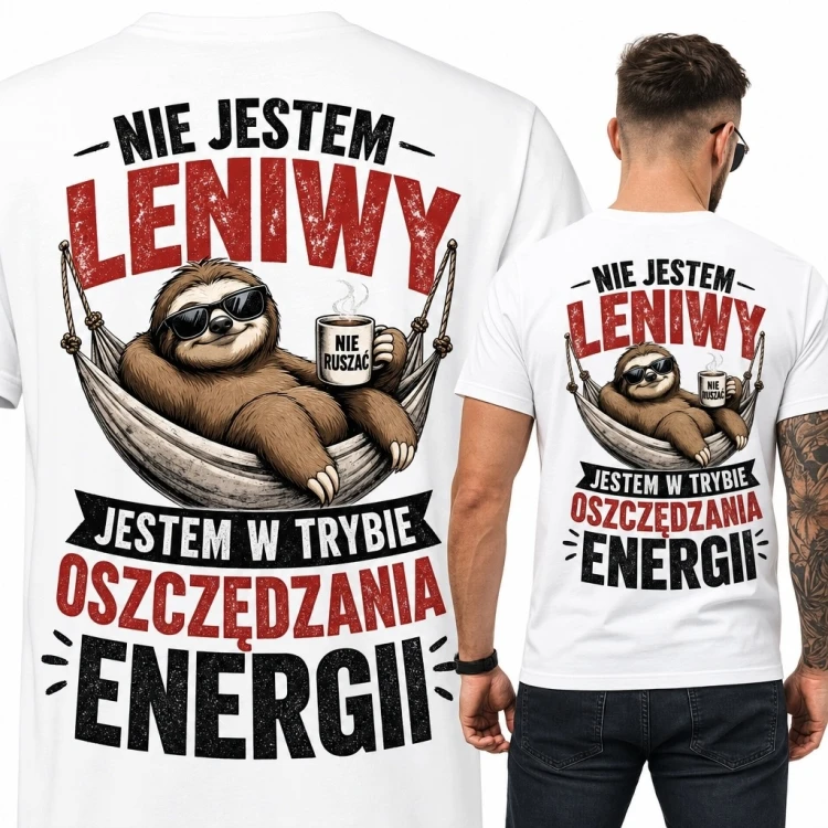Koszulka męska z leniwcem - „Nie jestem leniwy, jestem w trybie oszczędzania energii”