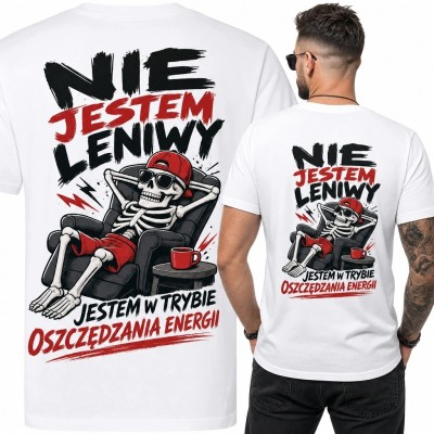 Koszulka męska ze szkieletem i napisem „Nie jestem leniwy” - nadruk na plecach