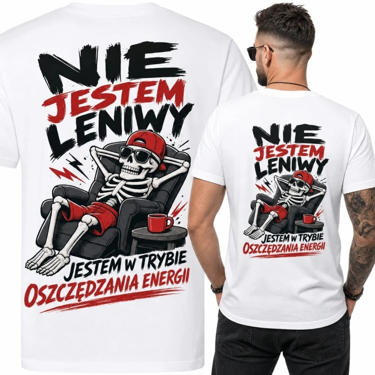 Koszulka męska ze szkieletem i napisem „Nie jestem leniwy” - nadruk na plecach