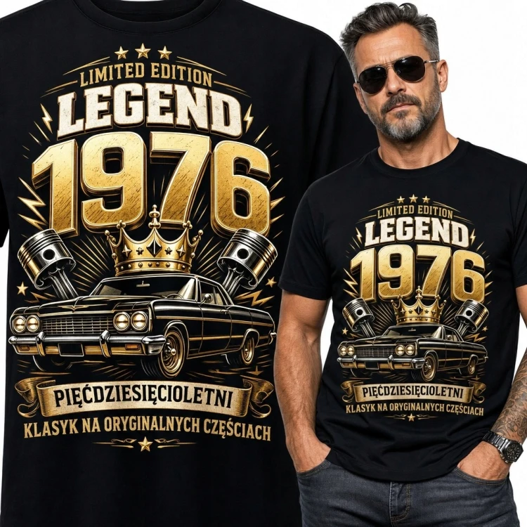 Koszulka męska na 50 urodziny „Legend 1976” - klasyczny samochód