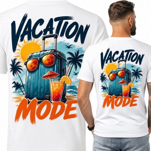 Koszulka męska „Vacation Mode” - walizka na tropikalnej plaży