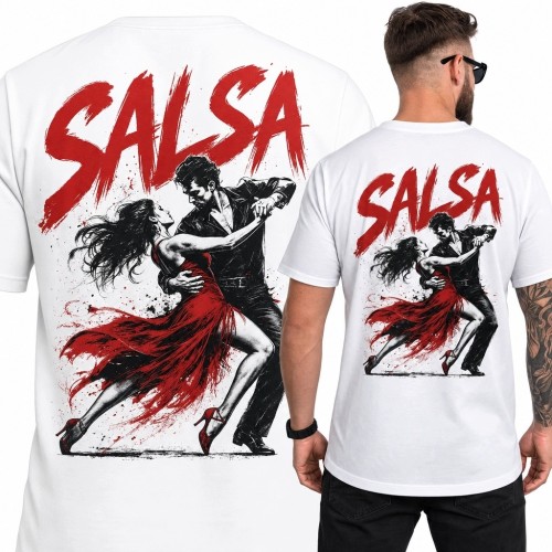 Koszulka męska z parą tańczącą salsę i napisem „Salsa” - nadruk na plecach