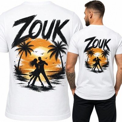 Koszulka męska „Zouk” z tańczącą parą i tropikalnym zachodem słońca - nadruk na plecach