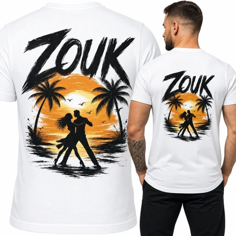 Koszulka męska „Zouk” z tańczącą parą i tropikalnym zachodem słońca - nadruk na plecach