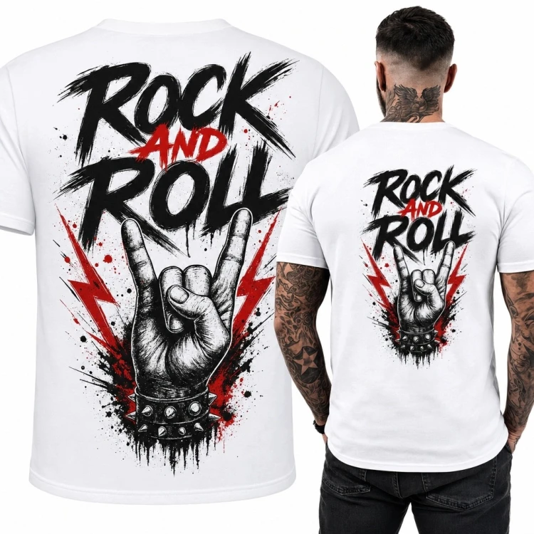 Koszulka męska „Rock and Roll” z gestem rogów - nadruk na plecach