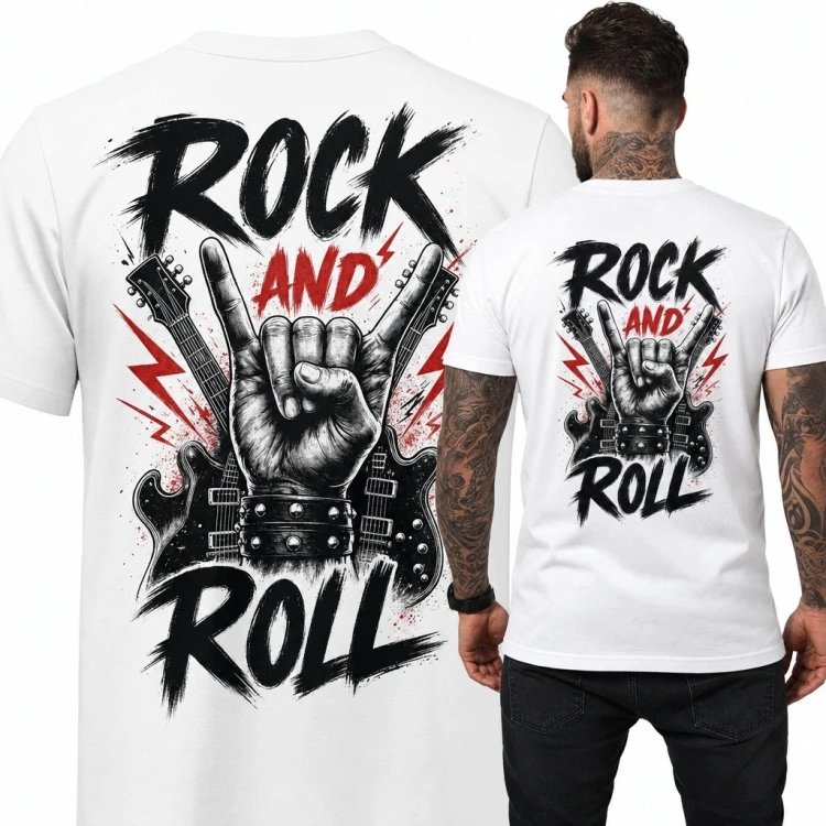 Koszulka męska „Rock and Roll” z gitarami elektrycznymi - nadruk na plecach