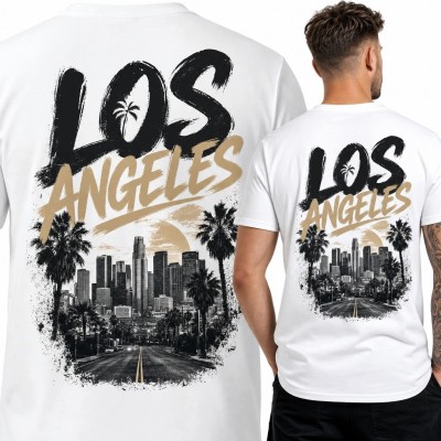 Koszulka męska z panoramą miasta i napisem „Los Angeles” - nadruk na plecach