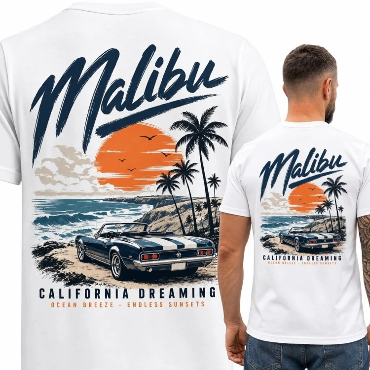 Koszulka męska z nadrukiem „Malibu” - klasyczny samochód i zachód słońca