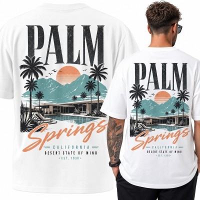 Koszulka męska „Palm Springs” z retro panoramą Kalifornii - nadruk na plecach
