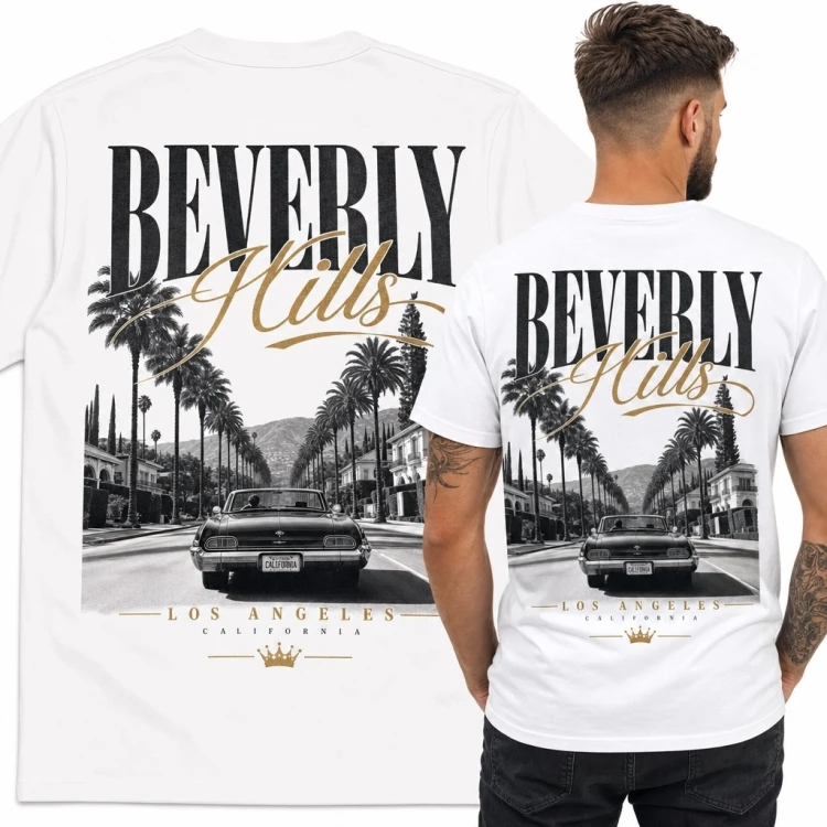 Koszulka męska „Beverly Hills” - klasyczny samochód na alei palmowej