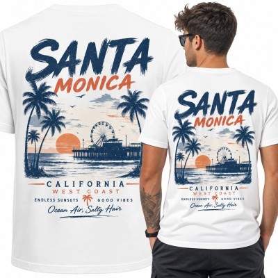Koszulka męska z kalifornijskim pejzażem „Santa Monica” - nadruk retro na plecach