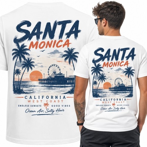 Koszulka męska z kalifornijskim pejzażem „Santa Monica” - nadruk retro na plecach