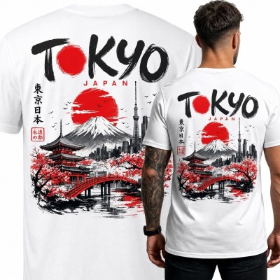 Koszulka męska z panoramą Tokio i górą Fuji „Tokyo Japan” - duży nadruk na plecach