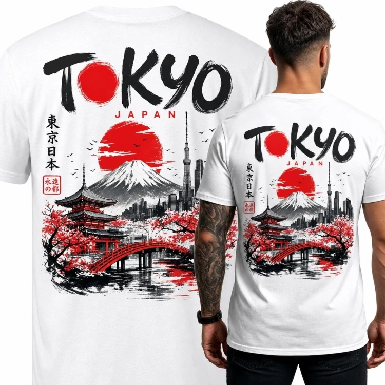 Koszulka męska z panoramą Tokio i górą Fuji „Tokyo Japan” - duży nadruk na plecach
