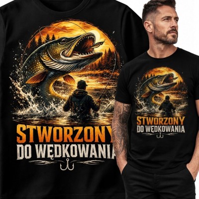 Koszulka męska dla wędkarza „Stworzony do wędkowania” - szczupak
