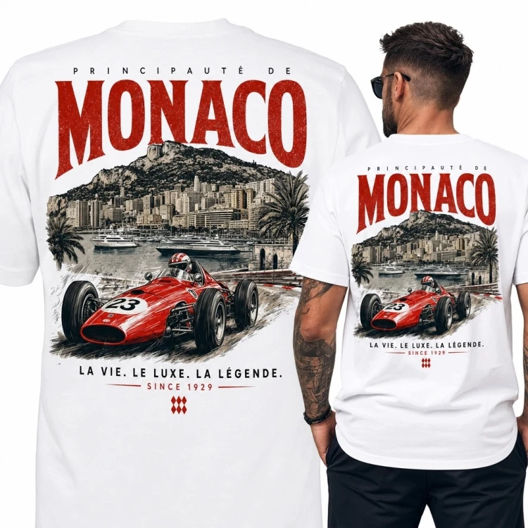 Koszulka męska z bolidem wyścigowym „Monaco” - retro motorsport