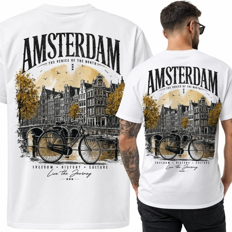 Koszulka męska z motywem Amsterdamu „Amsterdam” - rower i kanałowa zabudowa