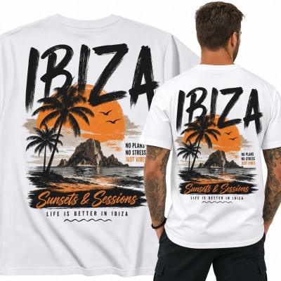 Koszulka męska „Ibiza” z palmami i zachodem słońca - duży nadruk na plecach