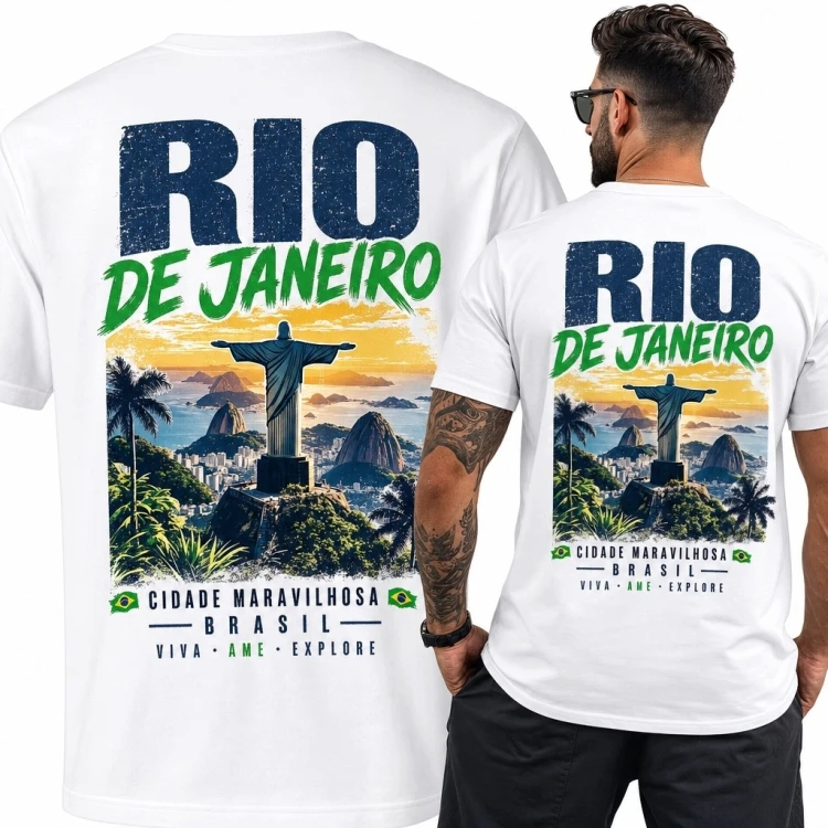 Koszulka męska „Rio de Janeiro” - panorama miasta i Chrystus Odkupiciel
