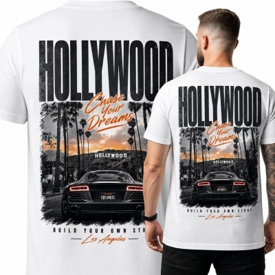Koszulka męska z samochodem sportowym i napisem „Hollywood” - nadruk na plecach