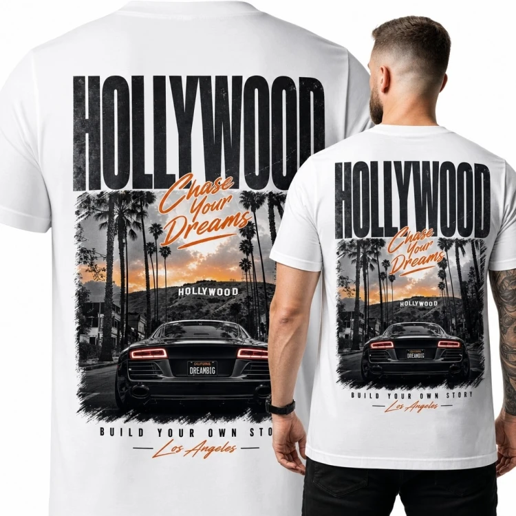 Koszulka męska z samochodem sportowym i napisem „Hollywood” - nadruk na plecach