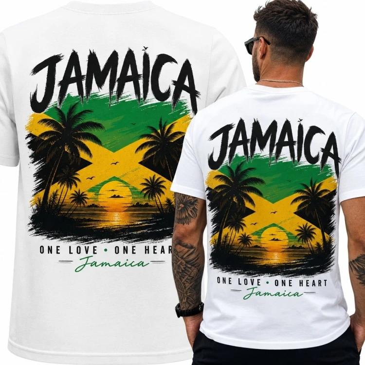 Koszulka męska z motywem Jamajki „Jamaica” - tropikalny zachód słońca