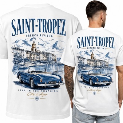 Koszulka męska z kabrioletem „Saint-Tropez” - retro Riwiera Francuska