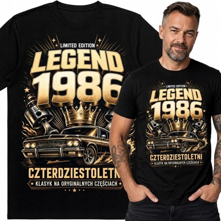 Koszulka męska na 40 urodziny „Legend 1986” - klasyczny samochód