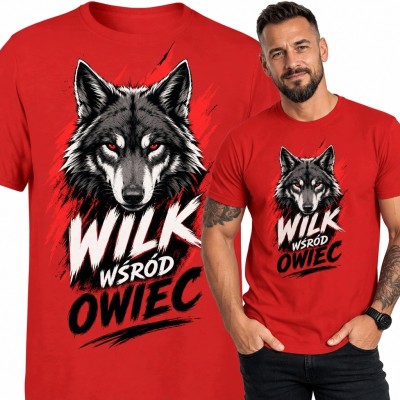 Koszulka męska z głową wilka „Wilk wśród owiec” - czerwona