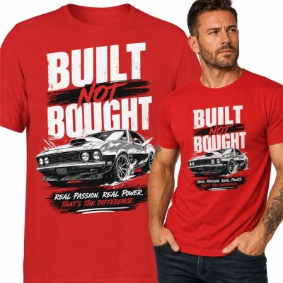 Koszulka męska z klasycznym muscle carem „Built not bought” - motoryzacyjny wzór retro