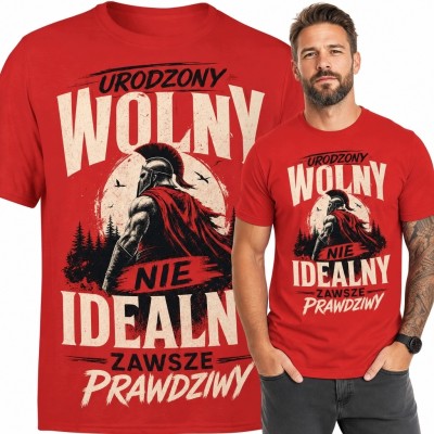 Koszulka męska z antycznym wojownikiem „Urodzony wolny - nie idealny, zawsze prawdziwy”