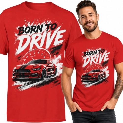Koszulka męska „Born to Drive” z czerwonym samochodem sportowym - motoryzacyjna