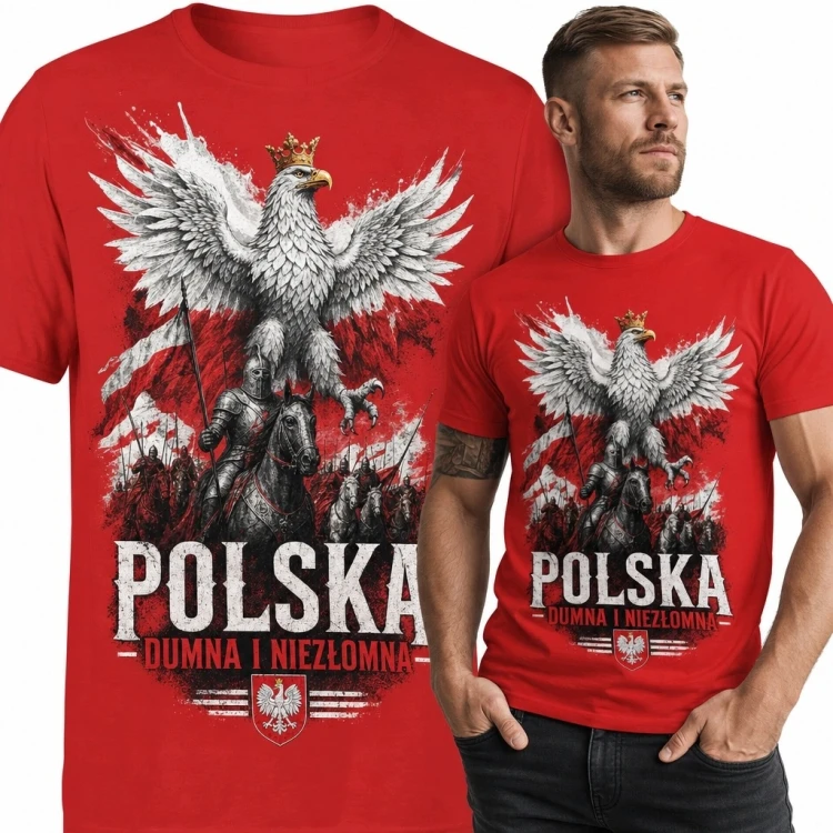Koszulka męska patriotyczna z orłem „Polska” i hasłem „Dumna i niezłomna” - motyw historyczny