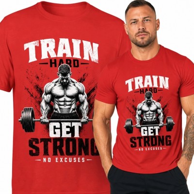 Koszulka męska na siłownię z kulturystą „Train Hard Get Strong”